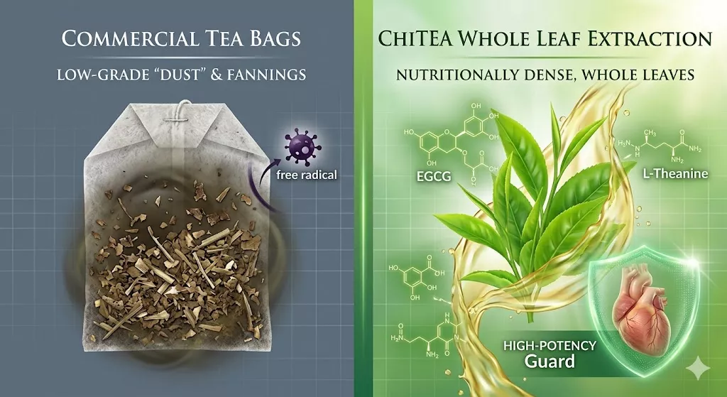 A side-by-side comparison showing low-grade tea dust and fannings found in common teabags versus the vibrant, nutrient-dense whole green tea leaves used in ChiTea’s steam-water extraction process.