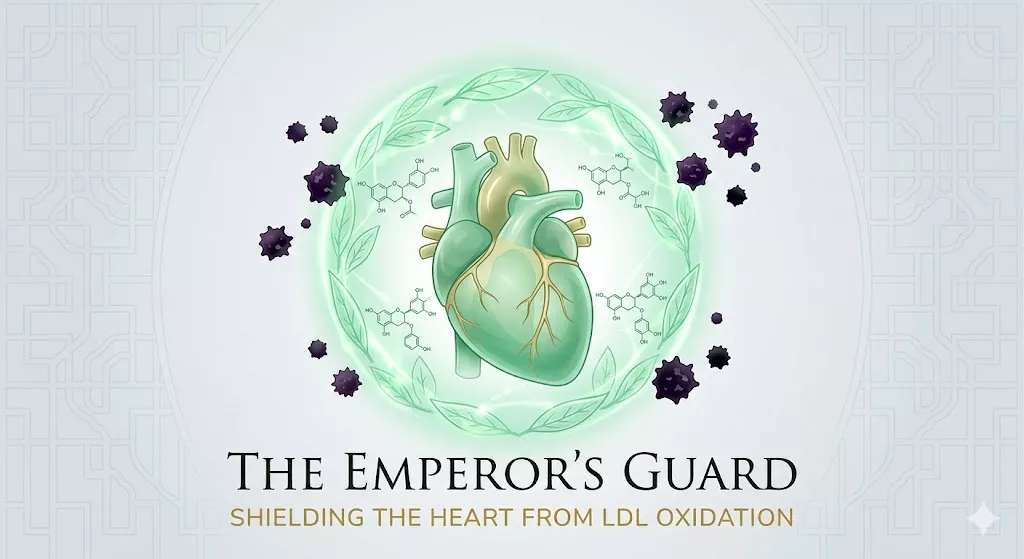 A clinical and artistic representation of a human heart protected by a glowing green antioxidant shield, representing how green tea EGCG prevents LDL oxidation.