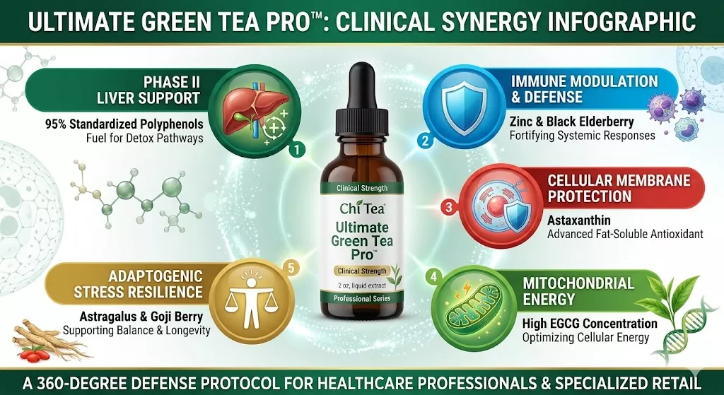 Ultimate Green Tea Pro™ clinical synergy infographic: EGCG, Zinc, Elderberry, and Astaxanthin