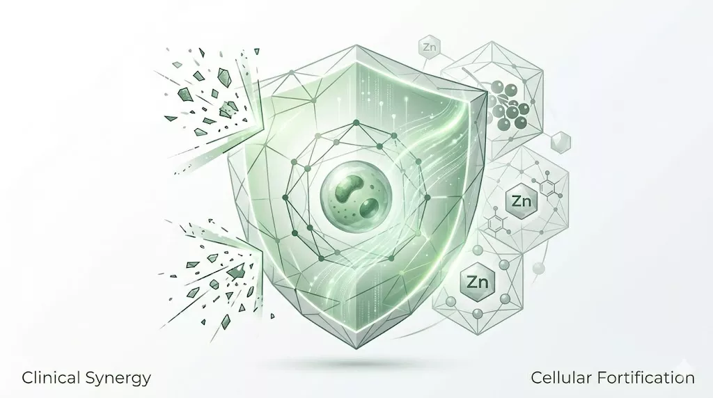 A professional clinical visualization detailing systemic cellular defense and the synergistic complex of Zinc, Astaxanthin, and standardized Green Tea polyphenols for advanced practitioner protocols.