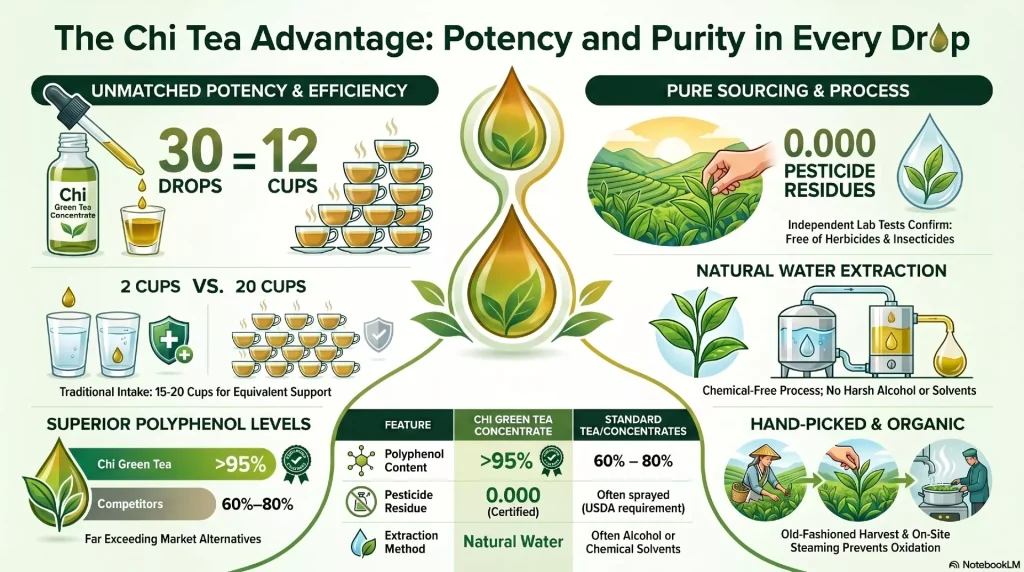Chi Tea Advantage: Liquid extraction purity and potency infographic