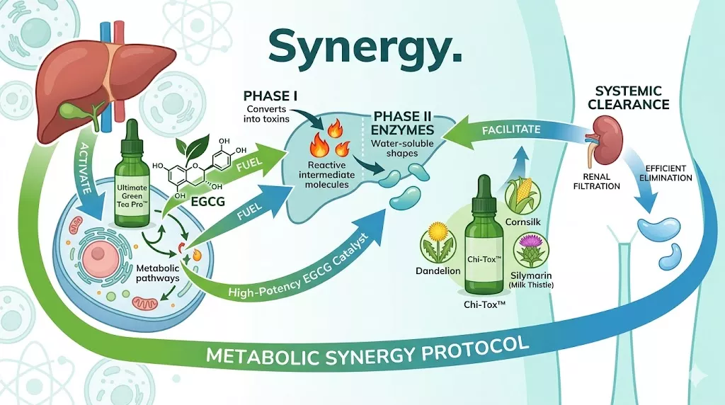Clinical infographic showing how Ultimate Green Tea Pro EGCG fuels Phase II liver enzymes while Chi-Tox botanicals facilitate renal filtration and systemic clearance.