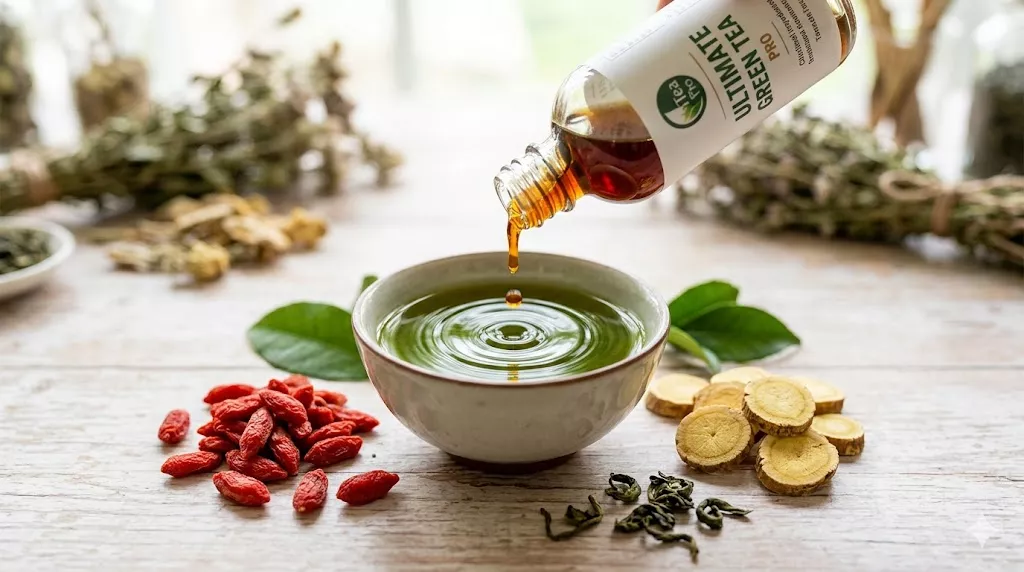 A professional medical-grade header image showing a stylized anatomical heart merged with fresh green tea leaves, a laboratory beaker of green tea extract, and a background featuring EGCG molecular structures on a clean slate grey surface.