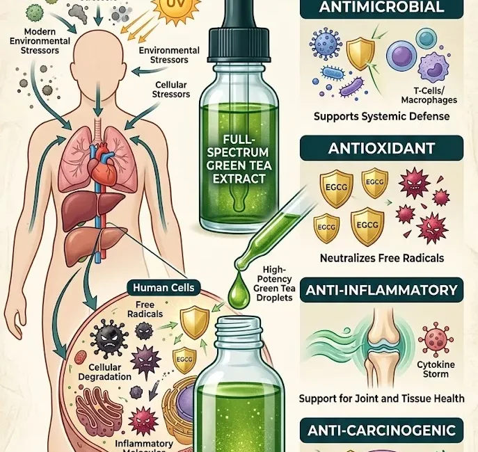 Graphic showing the antiviral and antioxidant benefits of Ultimate Green Tea extract against environmental stressors.