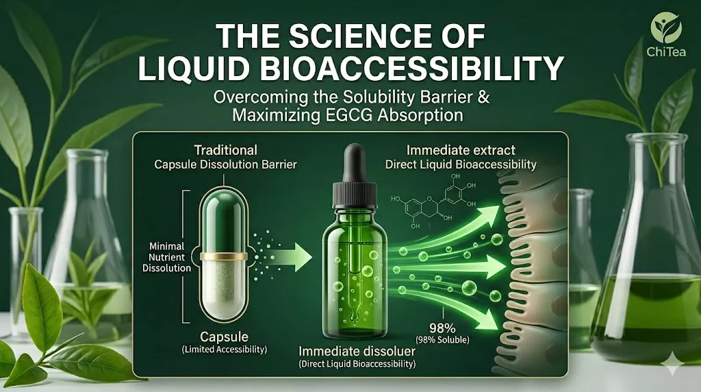 A clinical comparison diagram showing the solubility barrier of green tea capsules versus the 98% bioaccessibility of ChiTea liquid extract, featuring EGCG molecular structures and intestinal absorption pathways.
