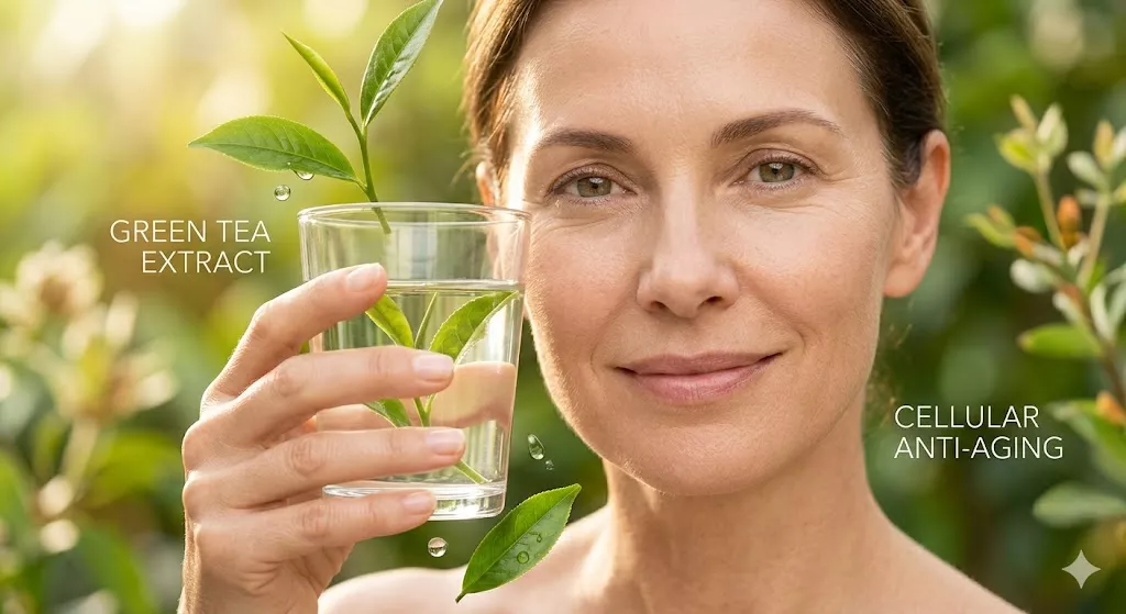 A radiant woman holding a glass of green tea extract, symbolizing internal skincare and cellular protection against UV damage and aging.