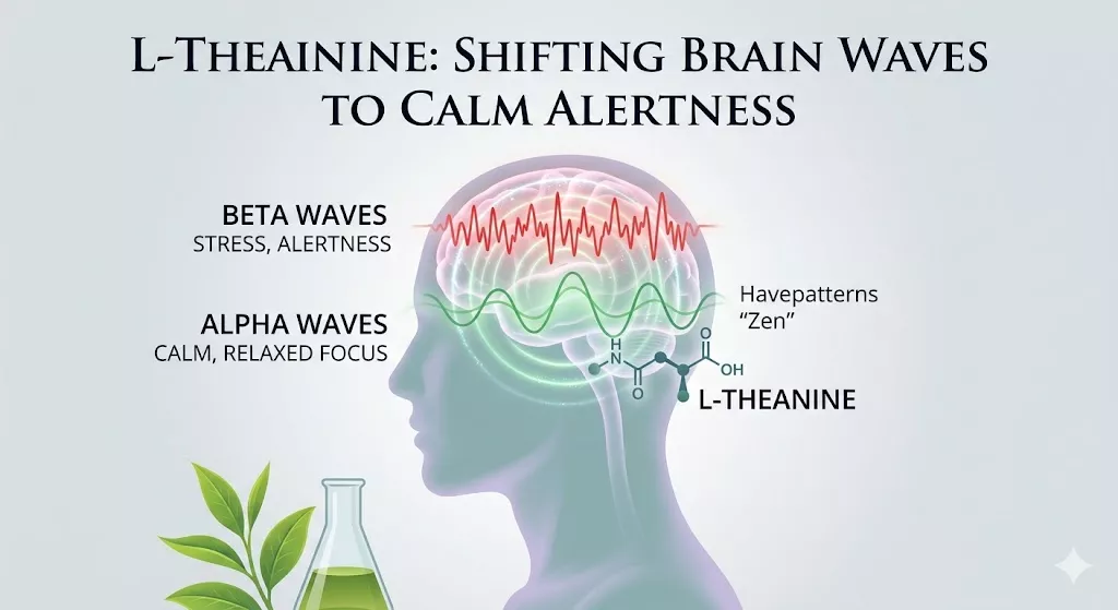 A medical illustration showing a human brain silhouette with a visual transition from jagged Beta brain waves (stress) to smooth Alpha brain waves (calm), with green tea leaves and a molecular structure of L-Theanine indicating the biological mechanism for calm alertness.