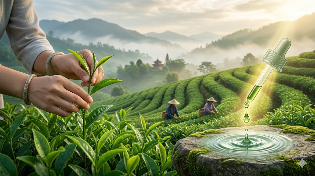 Panoramic view of a misty Asian green tea plantation showing hand-picked leaves and the steam-water extraction process.