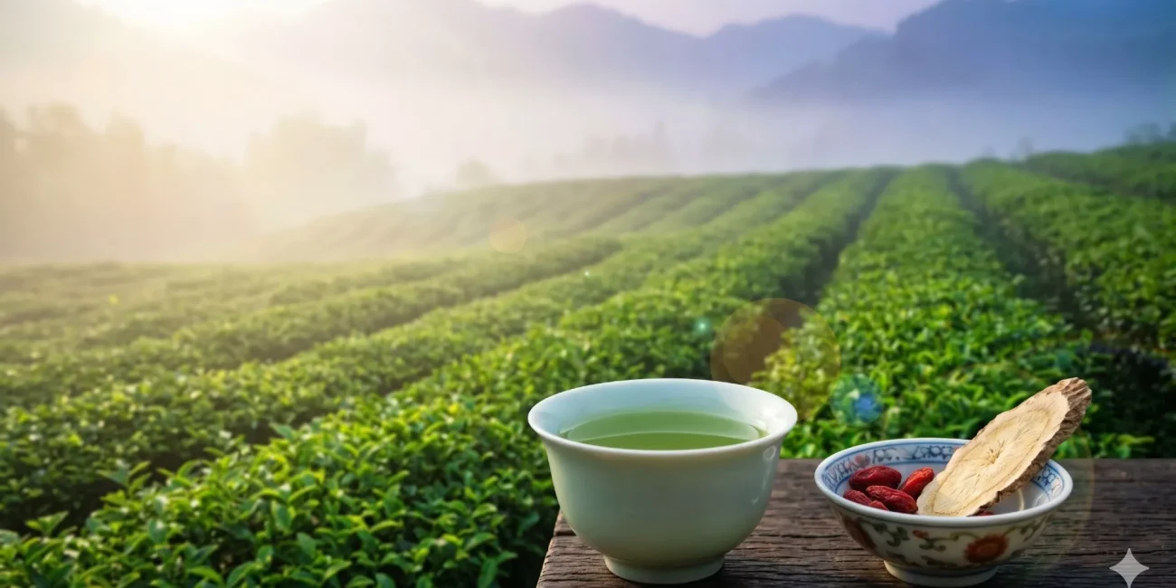 A serene tea plantation at sunrise featuring a traditional cup of green tea next to fresh Goji berries and dried Astragalus root, representing the clinical synergy of Traditional Chinese Medicine for immune support and longevity.