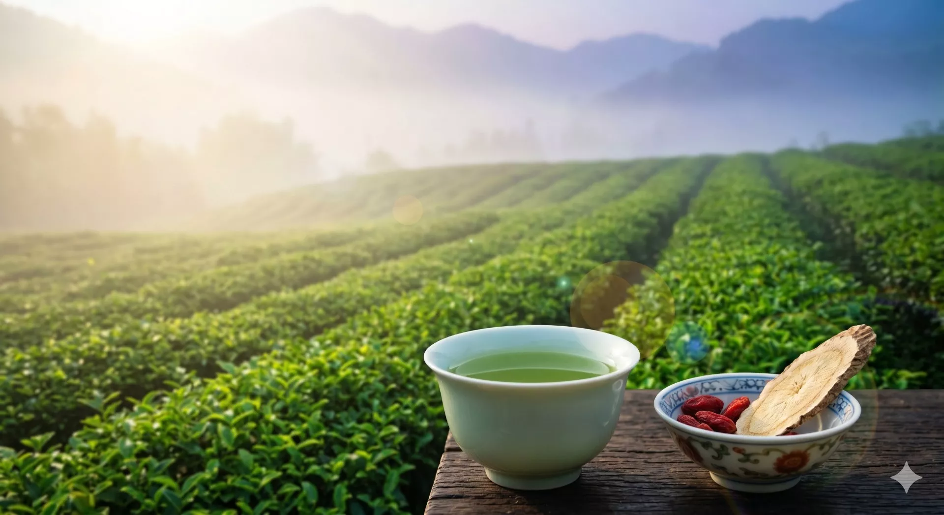 A serene tea plantation at sunrise featuring a traditional cup of green tea next to fresh Goji berries and dried Astragalus root, representing the clinical synergy of Traditional Chinese Medicine for immune support and longevity.