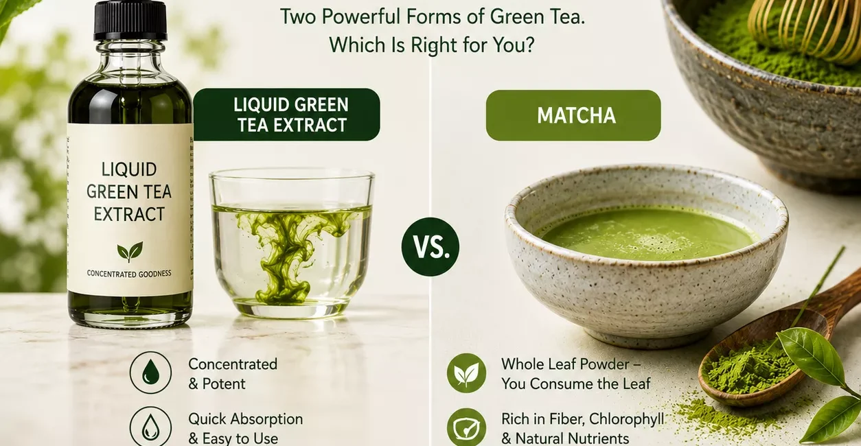 Liquid green tea extract vs. matcha comparison featuring a green tea extract bottle, a glass with liquid extract, a bowl of matcha tea, and a bamboo whisk, illustrating the differences between two popular forms of green tea.