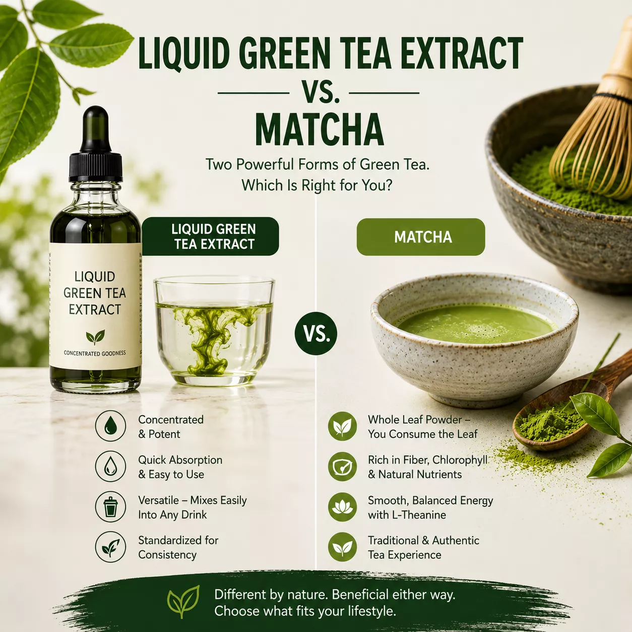 Liquid green tea extract vs. matcha comparison featuring a green tea extract bottle, a glass with liquid extract, a bowl of matcha tea, and a bamboo whisk, illustrating the differences between two popular forms of green tea.