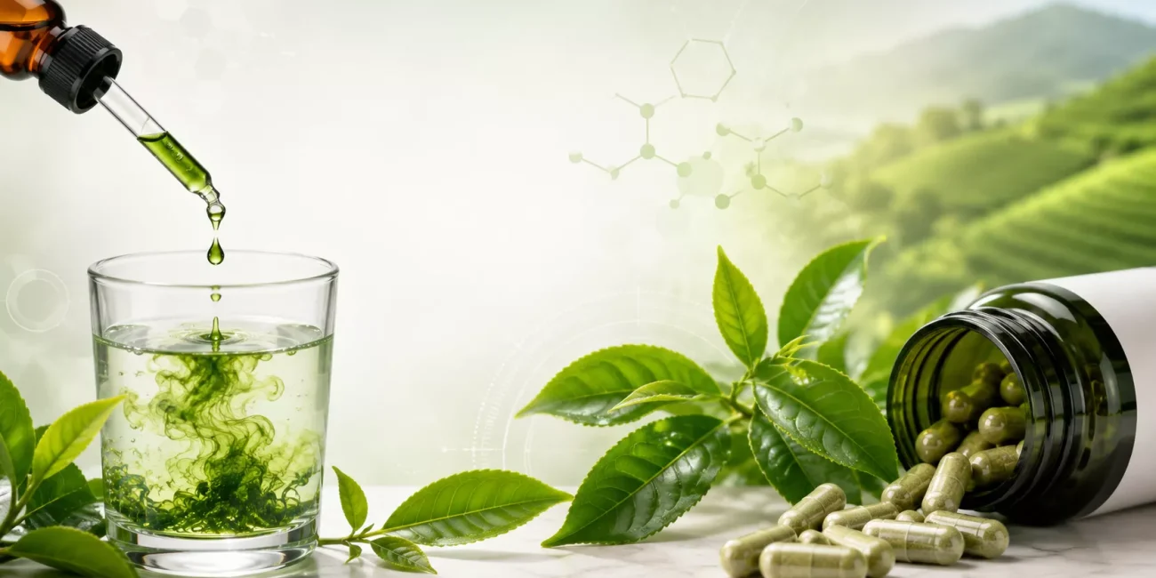Dropper dispensing liquid green tea extract into a glass beside green tea capsules and fresh tea leaves, illustrating the comparison between liquid green tea extract and capsule supplements.