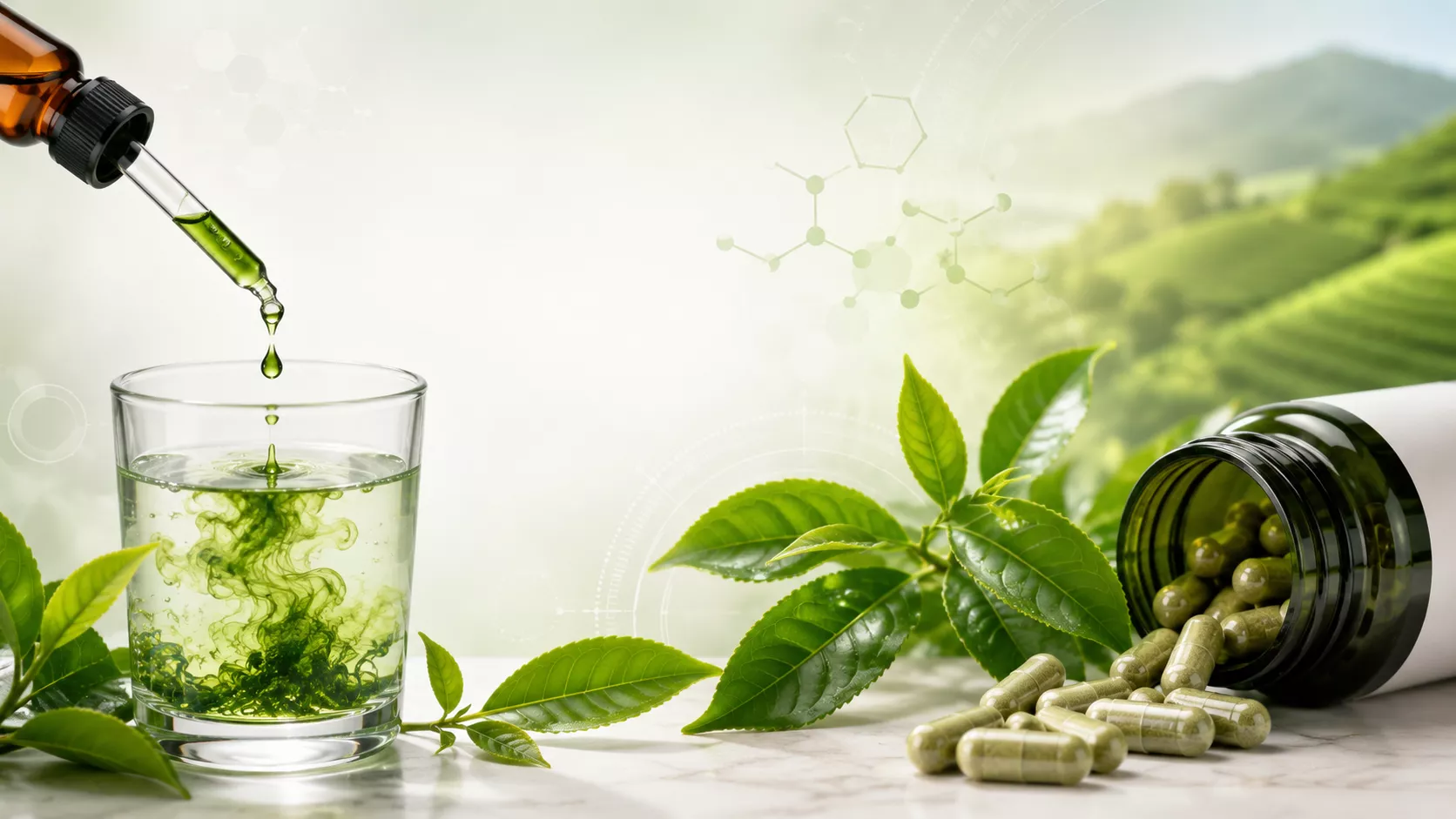 Dropper dispensing liquid green tea extract into a glass beside green tea capsules and fresh tea leaves, illustrating the comparison between liquid green tea extract and capsule supplements.