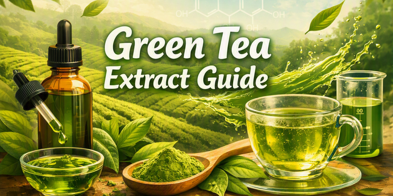 Green tea extract guide illustration showing dropper bottle, cup of green tea, wooden spoon with matcha powder, and fresh tea leaves against a lush plantation background