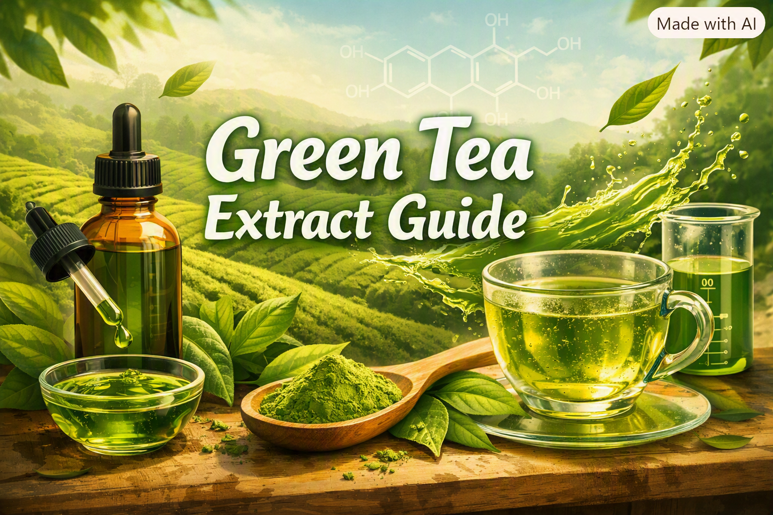 Green tea extract guide illustration showing dropper bottle, cup of green tea, wooden spoon with matcha powder, and fresh tea leaves against a lush plantation background