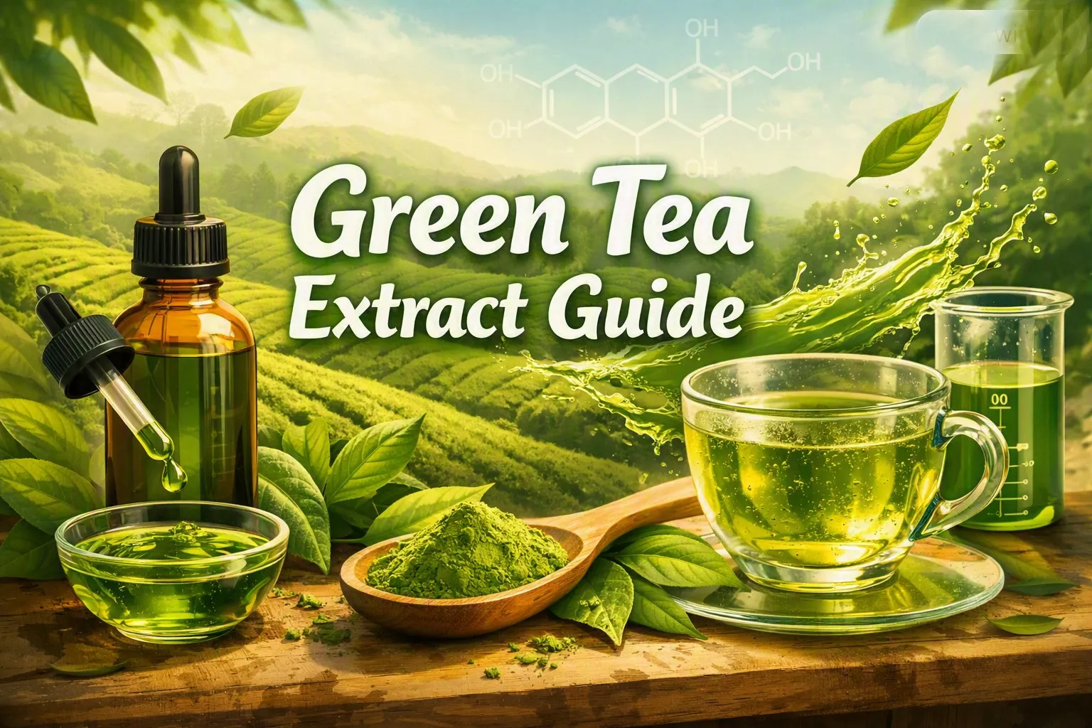 Green tea extract guide illustration showing dropper bottle, cup of green tea, wooden spoon with matcha powder, and fresh tea leaves against a lush plantation background