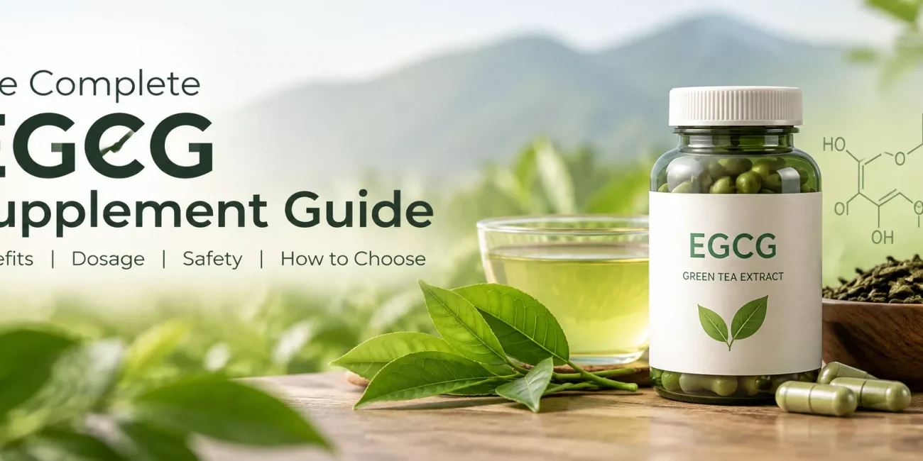 A sprawling meadow with mountains in the distance and up close a cup of green tea next to a bottle and green tea extract