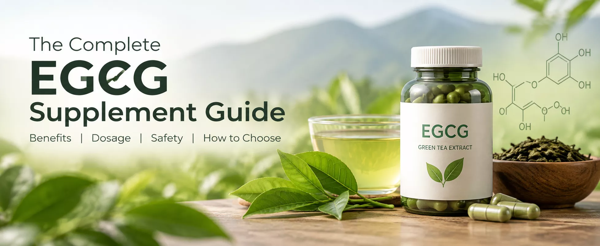A sprawling meadow with mountains in the distance and up close a cup of green tea next to a bottle and green tea extract
