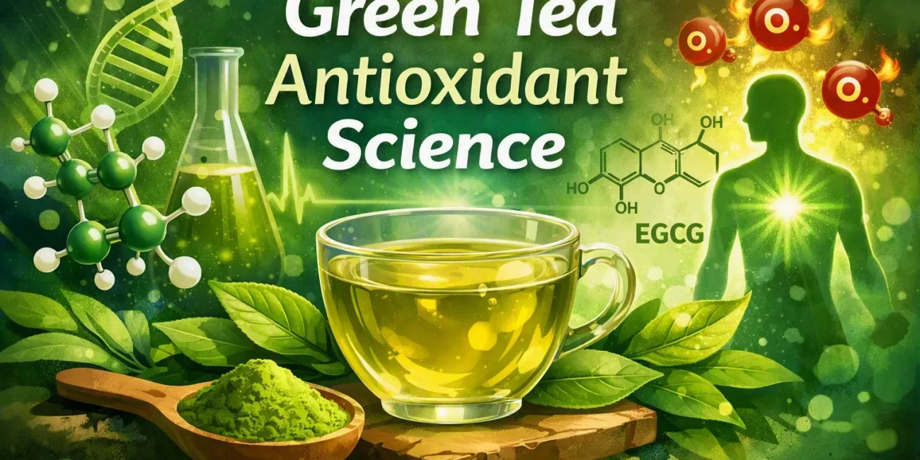 Digital banner showing a glass cup of green tea surrounded by leaves and matcha powder, with molecular structures, a glowing DNA helix, and a human silhouette symbolizing antioxidant science. Text reads ‘Green Tea Antioxidant Science