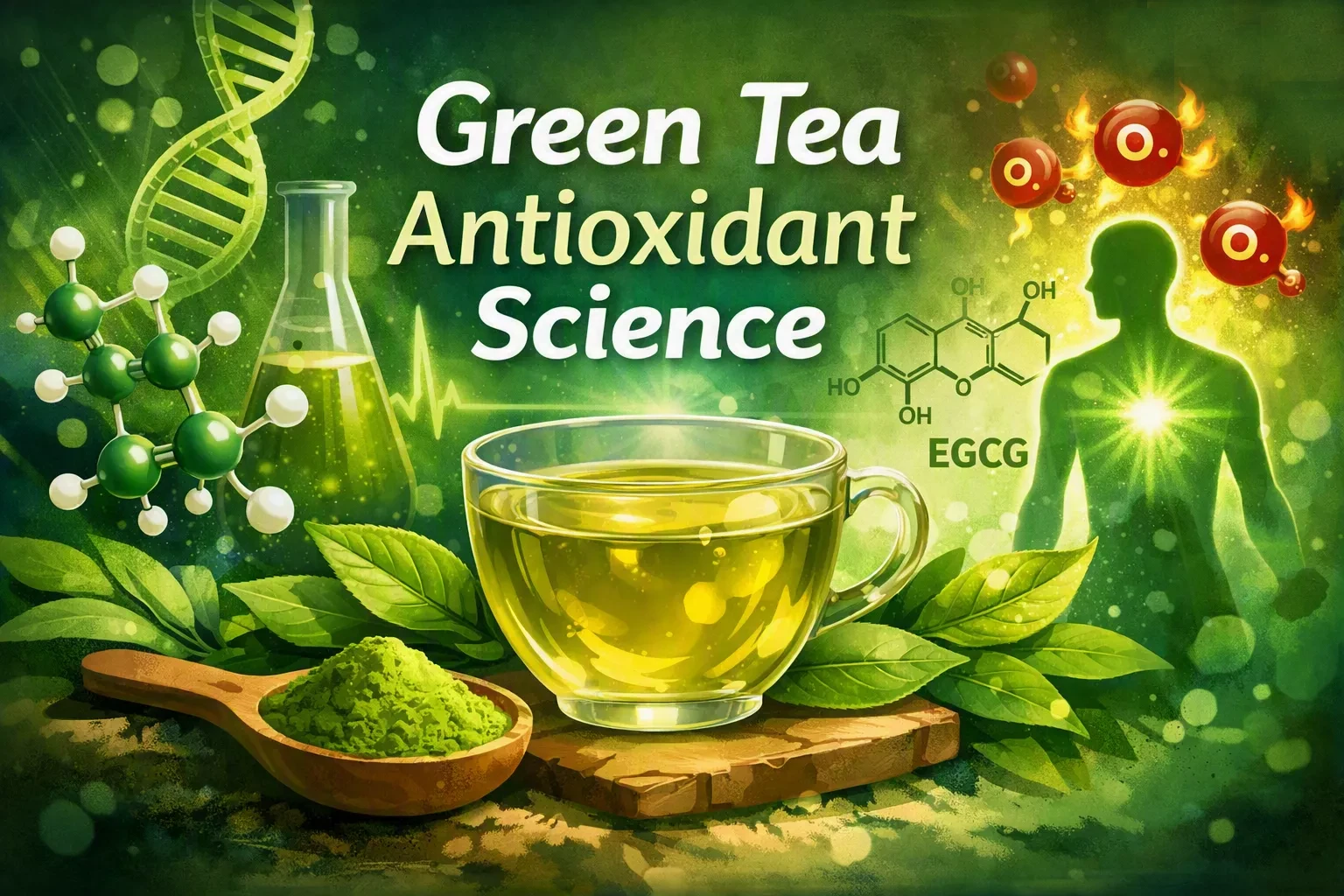 Digital banner showing a glass cup of green tea surrounded by leaves and matcha powder, with molecular structures, a glowing DNA helix, and a human silhouette symbolizing antioxidant science. Text reads ‘Green Tea Antioxidant Science