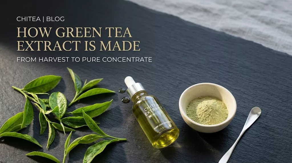 Fresh green tea leaves, a glass dropper bottle of green tea extract, and fine green powder on a dark slate background representing how green tea extract is made.