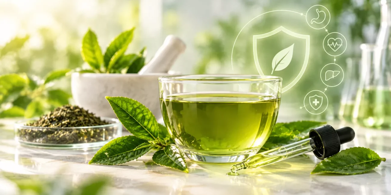 a table with a glass tea cup filed with green tea, and a eye dropper next to it reprenting green tea extract