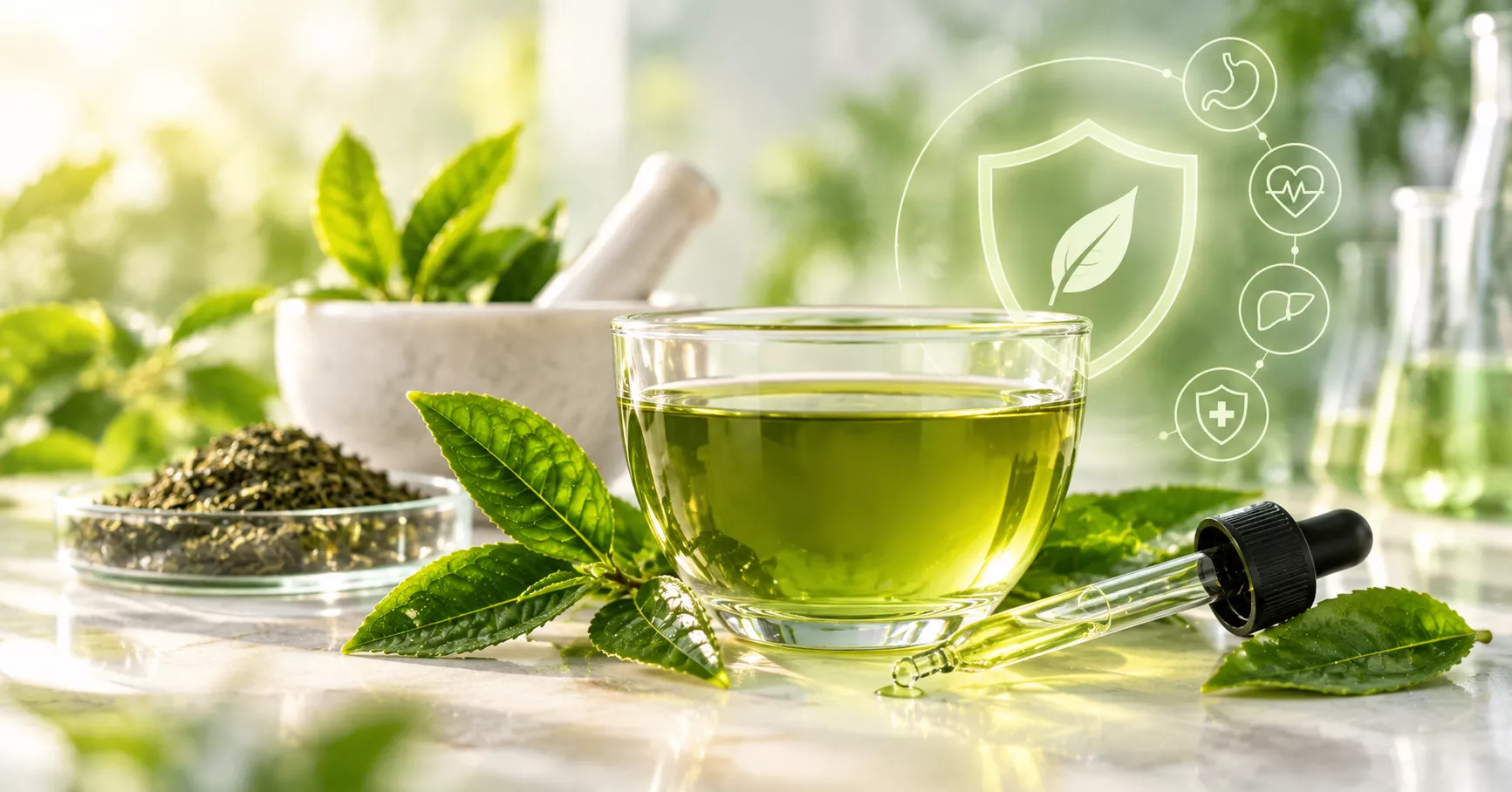a table with a glass tea cup filed with green tea, and a eye dropper next to it reprenting green tea extract